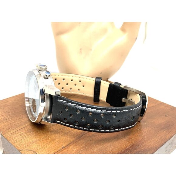 Tophill Men's Watch Mechanical Chronograph Blue Dial Black Leather Band 40mm - Picture 9 of 14